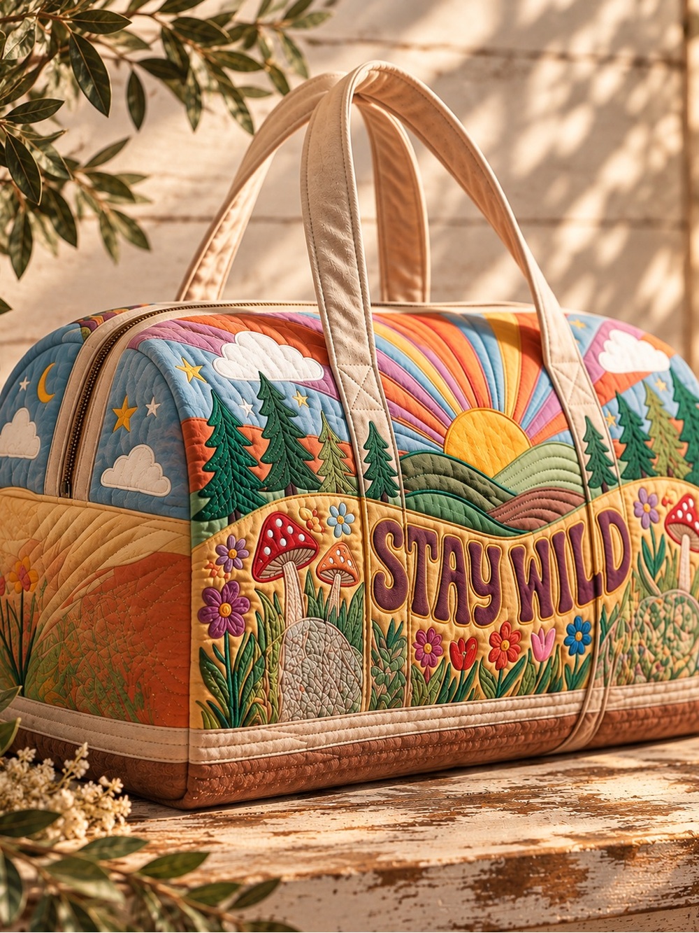 Stay Wild Quilted Weekender Tote Bag 🌲🍄🌸